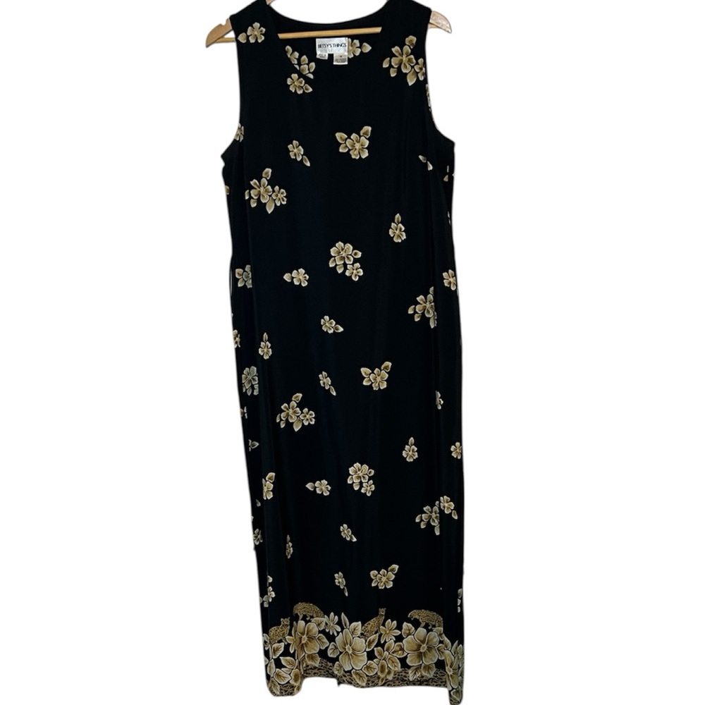 Vintage Betsy’s Things Black Floral Sleeveless Maxi Dress w/ Tie Waist Size 14